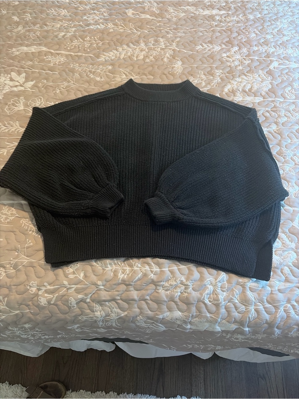 BDG Black Ribbed Balloon-Sleeve Crew Sweater
